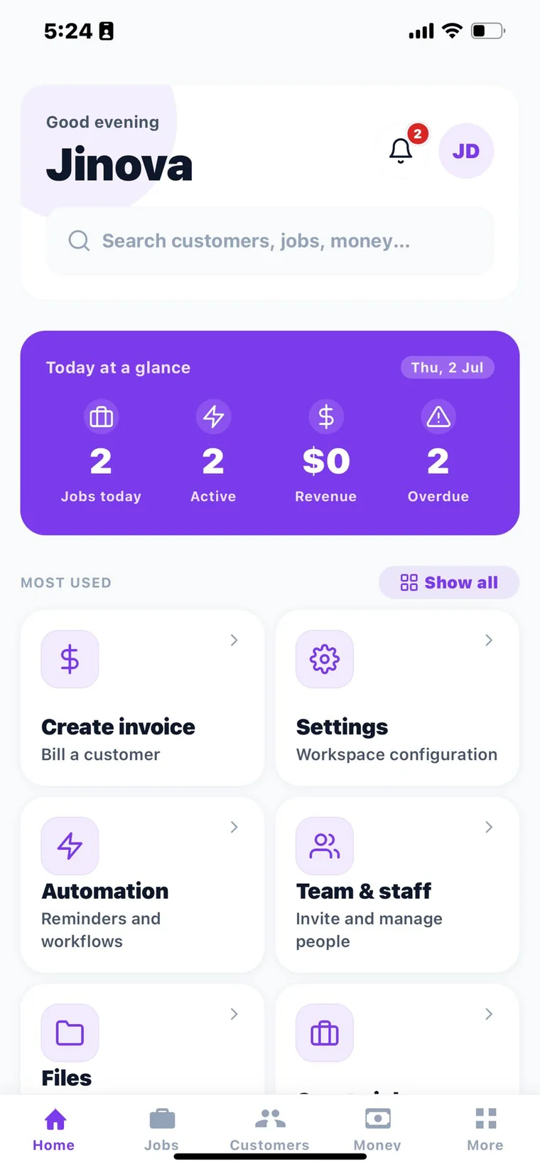 Jinova app home